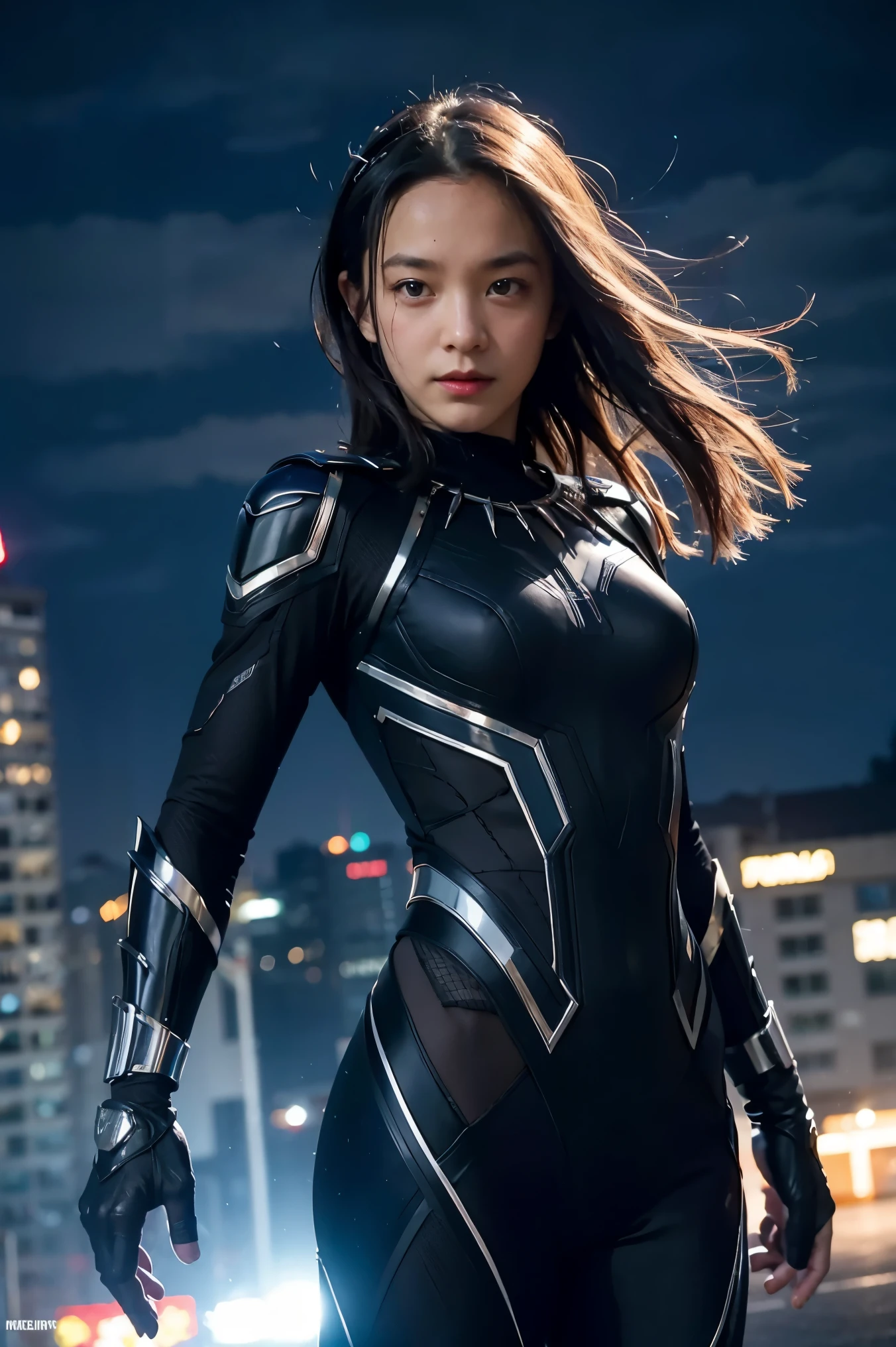 (best quality,highres:1.2), realistic, vibrant colors, detailed face and expression, fierce gaze, powerful stance, , glowing vibranium claws, night scene, strong lighting, superhero, action-packed, dynamic pose, 1 girl, Black panther suit,