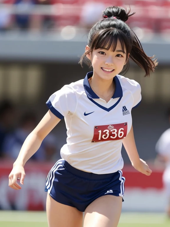 (highest quality, masterpiece), (Beautiful 11 year old Japanese girl), (freckles:0.6), ponytail, smile, garden, track and field athlete