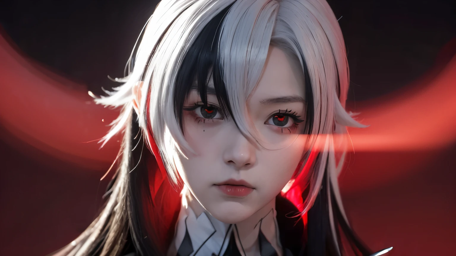 anime, anime, anime girl,with red glowing eyes, portrait gapmoe yandere grimdark, gapmoe yandere grimdark, with glowing red eyes, beautiful female god of death, handsome japanese demon girl, holding red sickles polearm,yandere girl,high detailed resolution,8k resolution, red X pupils, short hair