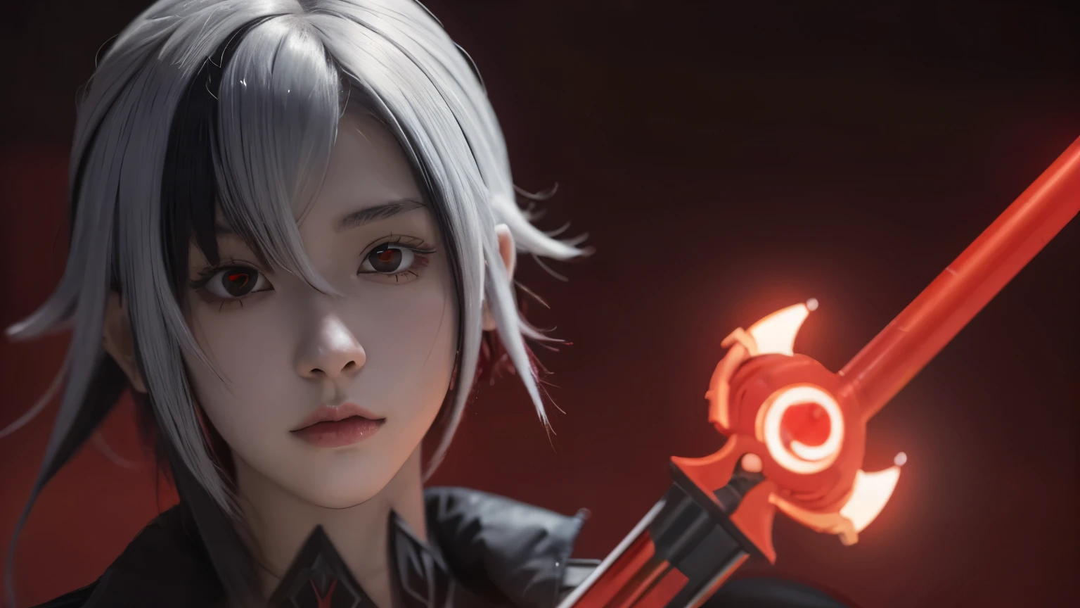 anime, anime, anime girl,with red glowing eyes, portrait gapmoe yandere grimdark, gapmoe yandere grimdark, with glowing red eyes, beautiful female god of death, handsome japanese demon girl, holding red sickles polearm,yandere girl,high detailed resolution,8k resolution, red X pupils, short hair