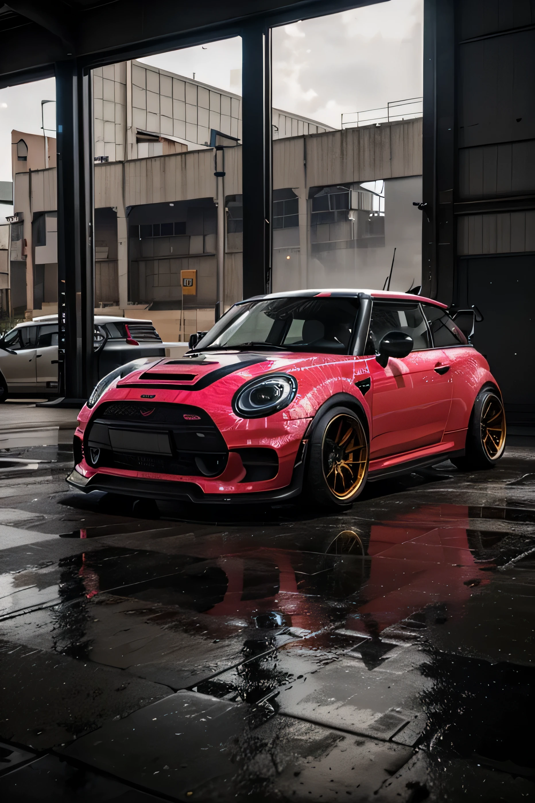 bright pink R56 Mini Cooper S JCW, ((carbon fibre, Liberty walk ultra wide body kit)), aggressive stance ((background: inside old industrial style building, large windows in background, overcast sky, heavy industrial look, cobble stone street)), 8K quality, realistic, realism, sharp, detailed, ultrawide, black and carbon fibre and deep candy apple red scheme, front profile, epic stance, epic ultra wide body kit, super low stance, aggressive looks