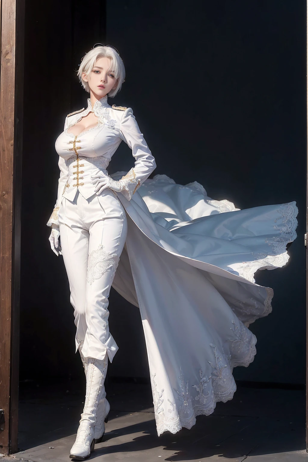 ((1 Full body single woman)) ,(Shooting from front and middle), looking at the camera, centered image, tmasterpiece,A high resolution, Absolutely beautiful, facing camera, Tall and tall,(big breast : 1.3), white short hair with updo, (full coverage white lace uniform, Embroidery uniform, decorated uniform and pants, Exquisite details of the uniform and pants, lace stockings, warrior, white gloves, show boots, military uniform, allure:white hair, short hair (hair behind the body), young adult,(Tall:1.5),Rich scene detail,In the midst of the war,standing.