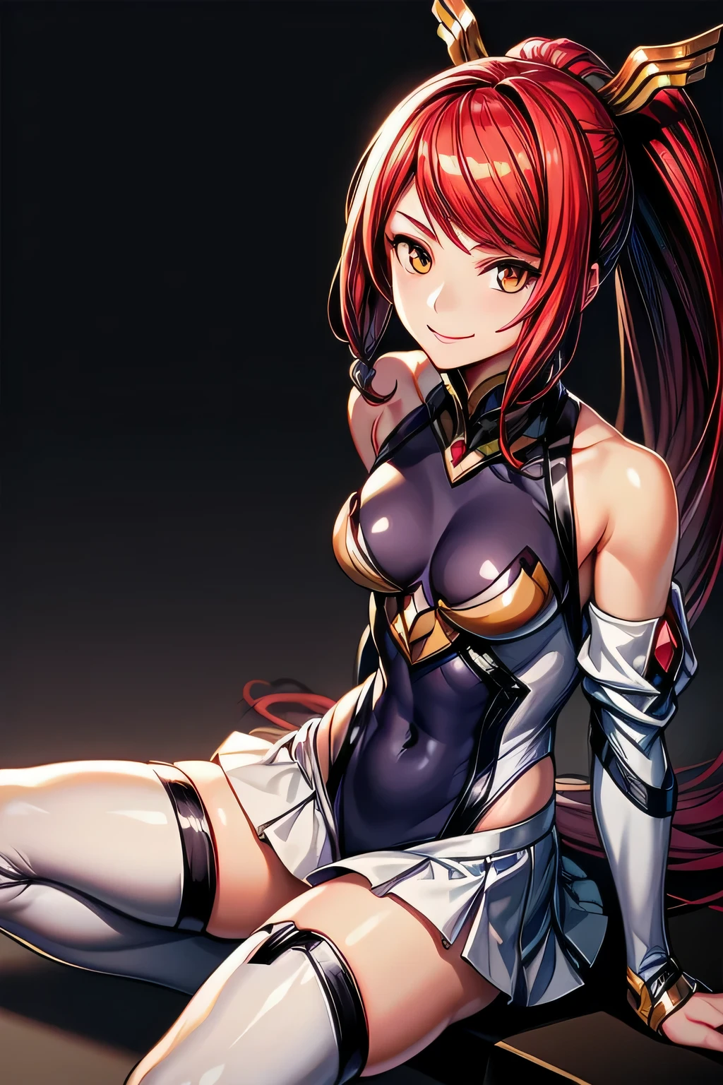 Izayoi (blazblue), orange eyes, red hair, ponytail, long hair, Small breasts, armor, bodysuit, boots, skin tight, skirt, thigh boots, thighhighs, 1girl, solo, facing viewer, looking at viewer, upper body, smile, sitting