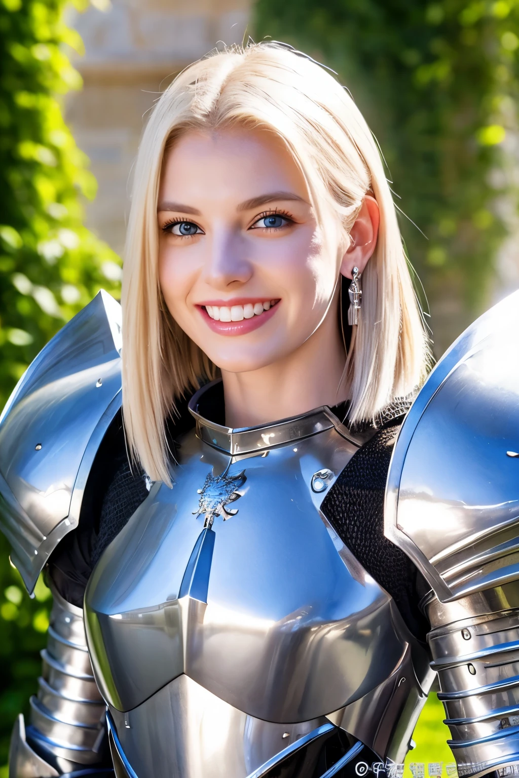８Ｋ、highest quality、female knight、Luxurious Silver Armor、、hairstyle short cut、smile、Beautiful Teeth、Full body photo、ear piercing、blonde、White woman、blue eyes、Heavy makeup、The background is inside the castle. Dragon Helm