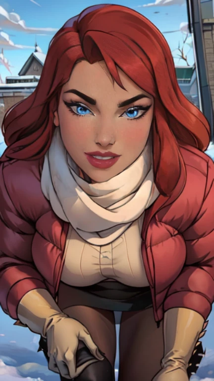 Masterpiece, raw, beautiful art, professional artist, 8k, art style by sciamano240, very detailed face, very detailed hair, 1 woman, perfectly drawn body, beautiful face, long hair, red hair , very detailed blue eyes , rosey cheeks, intricate details in eyes, playful smile, looking directly at viewer , in love with viewer expression, lipstick, wearing cute winter clothes, winter coat, gloves, pantyhose, sweater, scarf, short pencil skirt, thigh boots, sunny winter day, standing, pov with viewer,