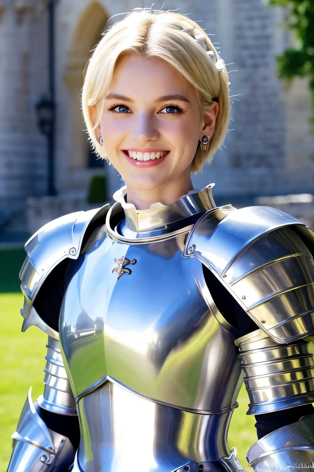 8K、highest quality、female knight、Luxurious Silver Armor、、hairstyle short cut、smile、Beautiful Teeth、Full body photo、ear piercing、blonde、White woman、blue eyes、Heavy makeup、The background is inside the castle. Dragon Helm