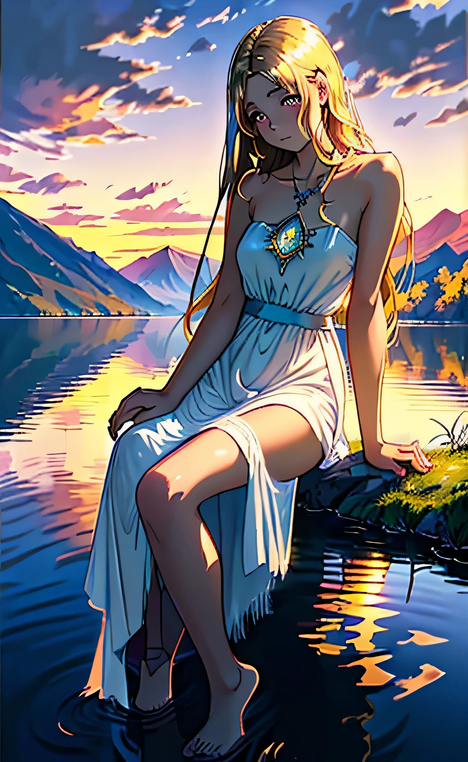 1 girl, serene expression, mesmerizing eyes, straight long hair, flowing dress, poised posture, porcelain skin, subtle blush, crystal pendant BREAK golden hour, (rim lighting):1.2, warm tones, sun flare, soft shadows, vibrant colors, painterly effect, dreamy atmosphere BREAK scenic lake, distant mountains, willow tree, calm water, reflection, sunlit clouds, peaceful ambiance, idyllic sunset, ultra detailed, official art, unity 8k wallpaper , zentangle, mandala