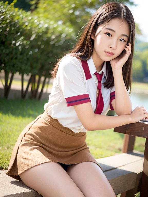 high school girl、、Wearing an armband、Japanese women,（whole body）、17 years old、Wearing a miniskirt、Healthy thighs、 Very beautiful face,  Beautiful girls, Beautiful realistic face,  