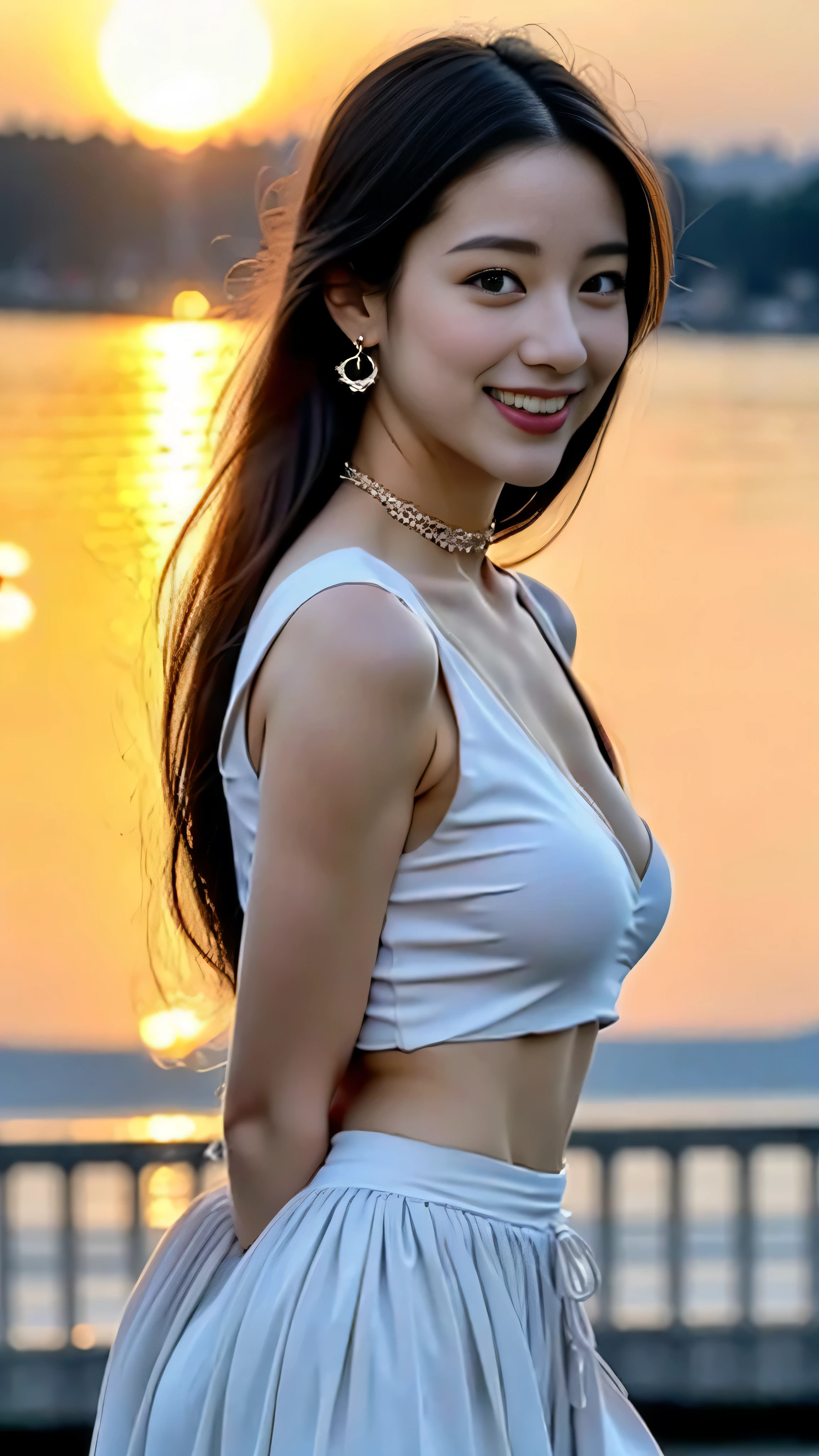 (((Draw only one woman: 2))), (Large cruisers sailing at sea)、(Beautiful Russian woman sitting in a deck chair on the deck:1.3)、(Beautiful Magic Hour Sunset)、Beautiful woman in a stylish resort dress、(( 1 screen))、(8k:1.5), RAW shooting, Highest quality photos, masterpiece, Nice realistic pictures, ((Anatomically correct proportions : 1.5)), ((Perfect proportions)), Beautiful women like Russian actresses, Small Face、Detailed face, Fine grain, Narrow nose, Finger details, Fine arms, Fine skin, Leg Details, (Shiny long hair)、Laugh happily、Side angle、22 year old beauty、choker、Earrings、bracelet, (The model is perfectly in focus:1.2)