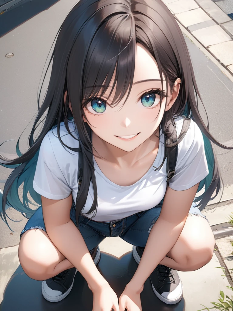 (full body:1.2), from above, (masterpiece:1.4), (best quality:1.3),(ultra detailed:1.4),(extremely detailed),(absolutely resolution:1.3) ,absurdres,8k, 1girl, grin, ultra detailed eyes, long hair, multicolored hair, tanktops, jeans, squatting, waving hands,