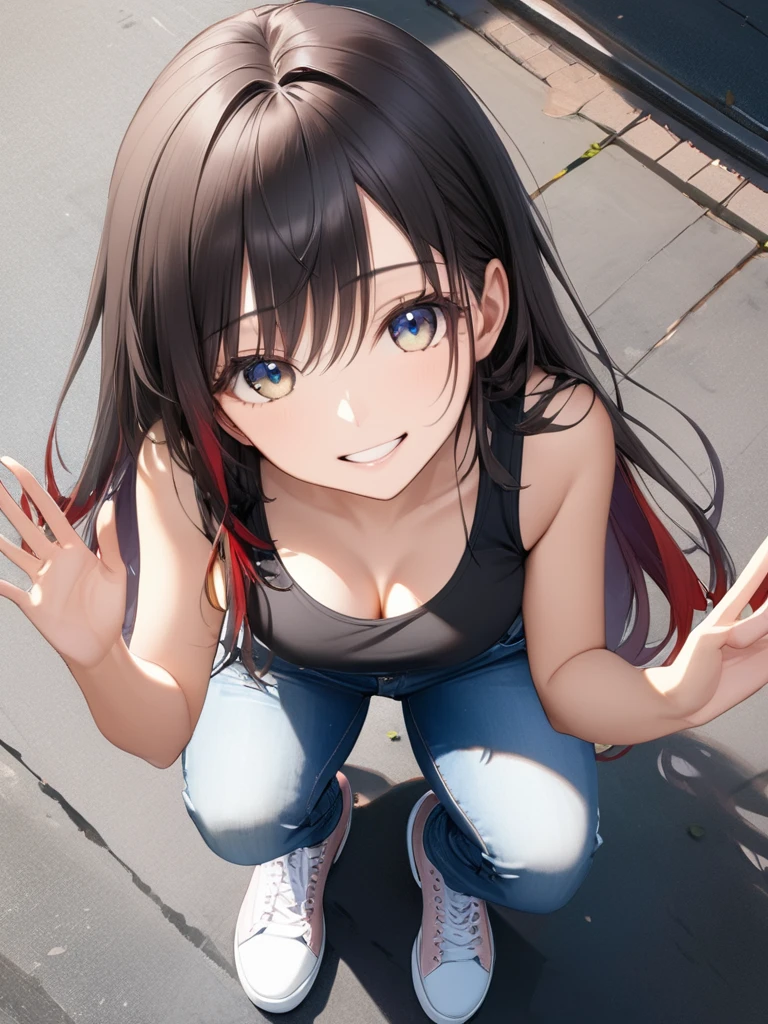 (full body:1.2), from above, (masterpiece:1.4), (best quality:1.3),(ultra detailed:1.4),(extremely detailed),(absolutely resolution:1.3) ,absurdres,8k, 1girl, grin, ultra detailed eyes, long hair, multicolored hair, tanktops, jeans, squatting, waving hands,