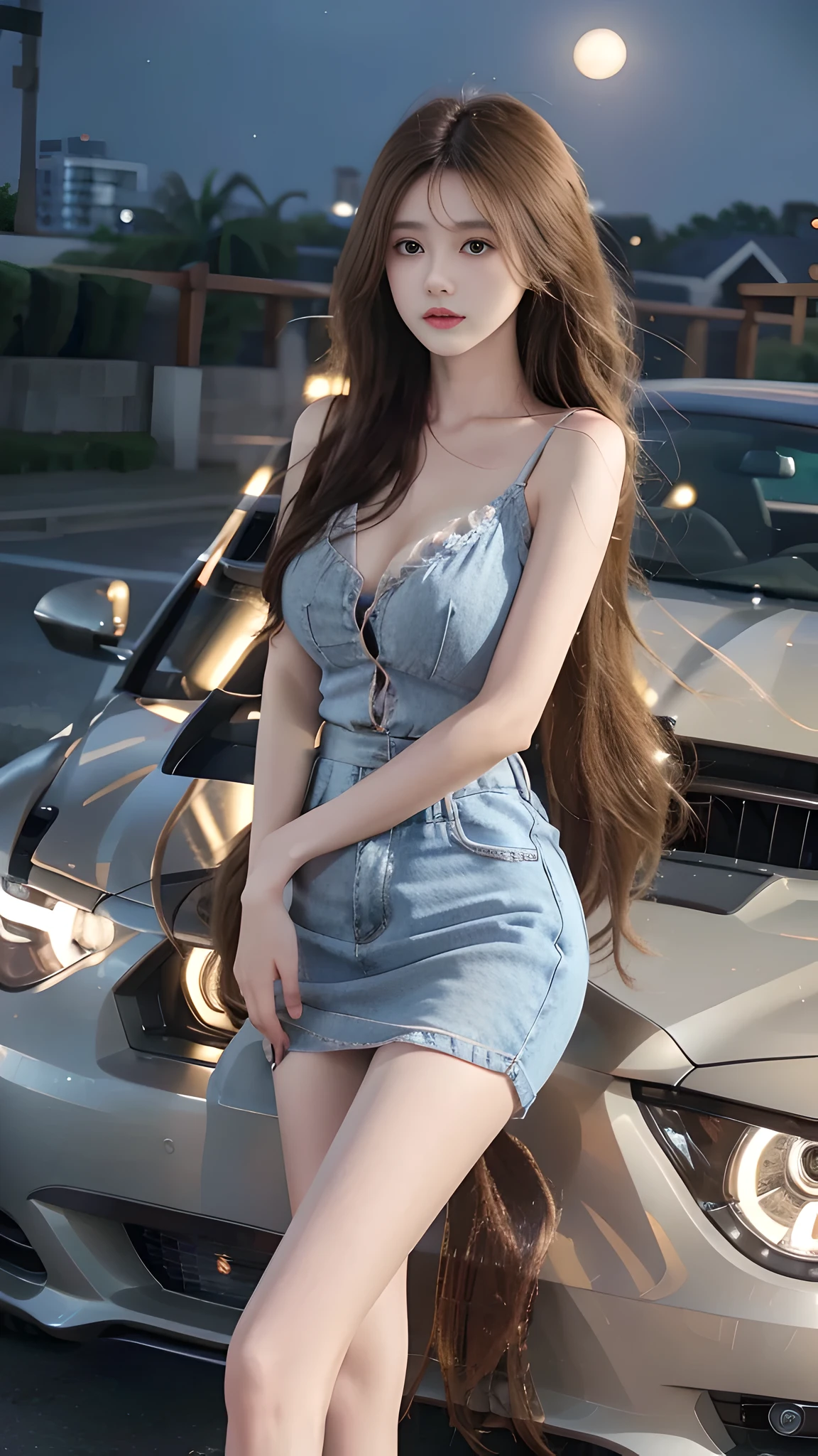 full hd 8k, Girl standing in front of a dark night scene, full moonlight reflecting on her beautiful face. Her long, silky hair was gently blown by the night wind, creating a gentle and romantic feeling. Next to her is a luxury car, showing her success and class. She looked up at the starry sky, as if searching for something, her eyes showed contemplation and loneliness. The full moon shines in the night sky creating a beautiful scene. The girl has long, silky hair, creating a luxurious and noble beauty. The moonlight shines on the girl's delicate face, highlighting her large, round light brown eyes, creating a natural, gentle beauty. She wore a shirt and short jeans, short jeans, showing off her seductive and luxurious beauty. Her plumble breasts were exposed, revealing her plumble and extremely sexy breasts. These images capture detailed panoramic portraits and views of the sky and cars. All create a beautiful, wonderful picture that makes people unable to take their eyes off the scene. All these details are described clearly and sharply, sexyly poses