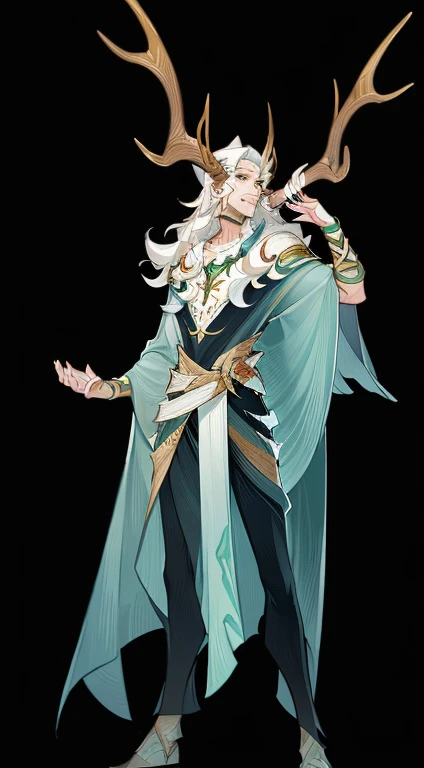 1 Handsome male god, nature druid, fantasy concept art, deer antlers, a druid, God of the forest,Clear facial features，Simple line design，Transparent background, standing full-body，Solo, (tmasterpiece，top Quority，best qualtiy，Ultra-high resolution，Clear facial features)