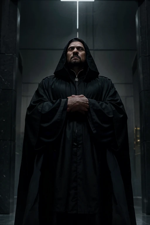 Generate an illustration of a powerful dictator figure wearing a black robe, standing tall and imposing. The figure should exude authority and control, with a stern expression on their face and a posture that conveys dominance. Surround the dictator with symbols of power and oppression, such as looming government buildings and intimidating security forces. The atmosphere should be tense and foreboding, reflecting the atmosphere of fear and intimidation described in the lyrics.