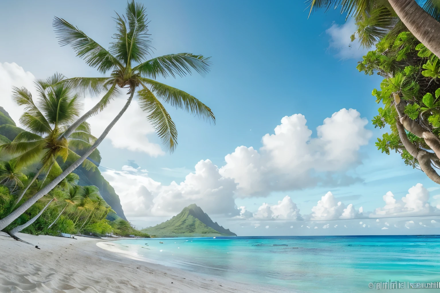 Lanikai Beach, Hawaii, a paradisiacal oasis, exudes tranquility with its crystal-clear turquoise waters gently lapping against the powdery white sand. The mesmerizing views of the Mokulua Islands in the distance add depth to the serene landscape. The scene, depicted in a stunning photograph, captures the essence of tropical bliss with its pristine beauty and idyllic setting. Every detail, from the lush palm trees swaying in the breeze to the vibrant marine life flourishing beneath the surface, contributes to the overall sense of perfection and awe-inspiring natural wonder.