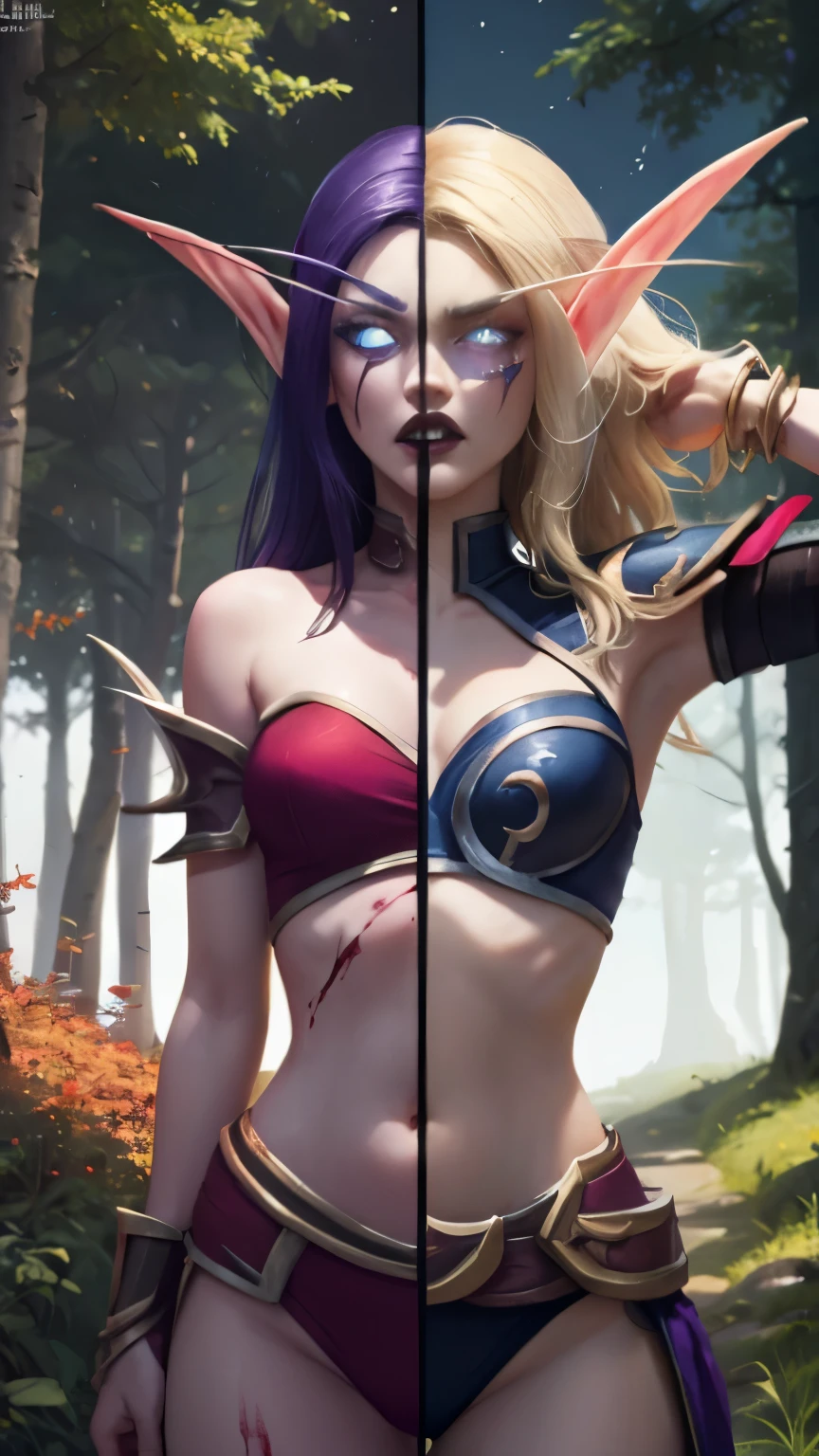 (Masterpiece, highly detailed, highly quality,  highly resolutions), line between the middle, half with nightelf half with bldelf, ({{SplitScreen, split screen, BREAK nightelf, angry, clenched teeth, scars on face, glowing eyes, blue eyes, Purple Hair, colored skin, mature female, purple midriff, navel, purple shoulder pad, purple lips, looking at viewer, forest, night, bare shoulders, spring season}}), vs, (SplitScreen, split screen, BREAK bldelf, angry, clenched teeth, blood strains on faces, glowing eyes, yellow eyes, Blonde hair, colored sclera, mature female, red short shirt, navel, red shoulder pad, red lips, looking at viewer, forest, day, bare shoulders, Fall season))