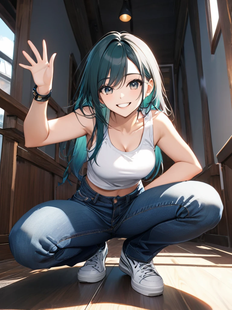 (full body:1.1), from below, (masterpiece:1.2)), (best quality),(ultra detailed),(extremely detailed),(absolutely resolution) ,absurdres,8k, 1girl, grin, ultra detailed eyes, long hair, multicolored hair, tanktops, jeans, squatting, waving hands,