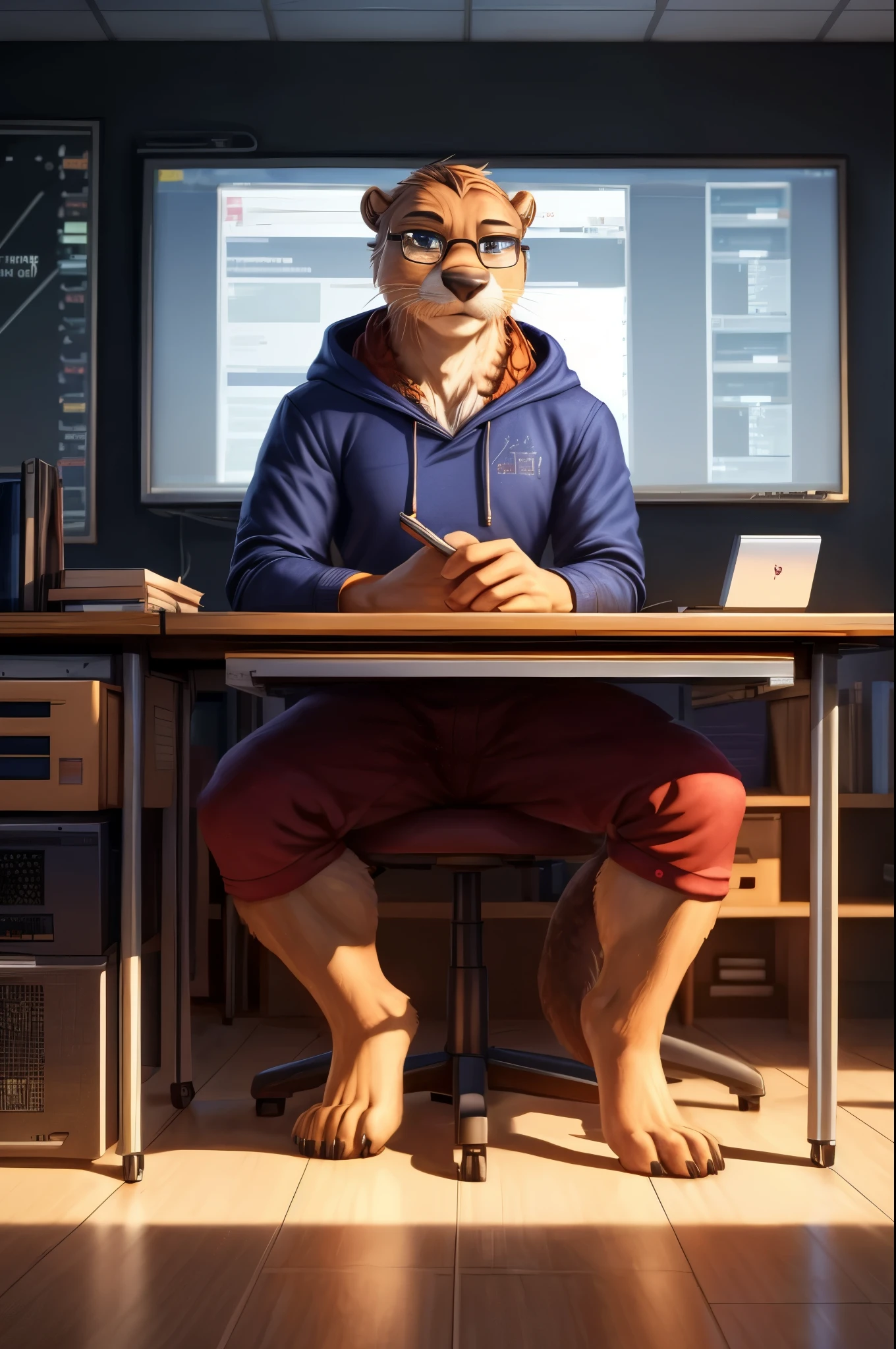 (((Barefoot furry character, full body, cinematic setting, furry male, plantigrade)))
computer class scene with a tech-savvy otter ((teacher)) wearing a hoodie and glasses, sitting at a computer desk surrounded by monitors and circuit boards. This otter represents the evil embodiment of ICT as a school subject, depicting stereotypes and prejudices towards ICT teachers.
BREAK, detailed background, 8K, (masterpiece:1.5), intricate details, highly detailed, extreme detail, octane render, fine art, best quality, highres, (detailed face:1.5), ((full_body)), UHD, (((perfect hands))), low light