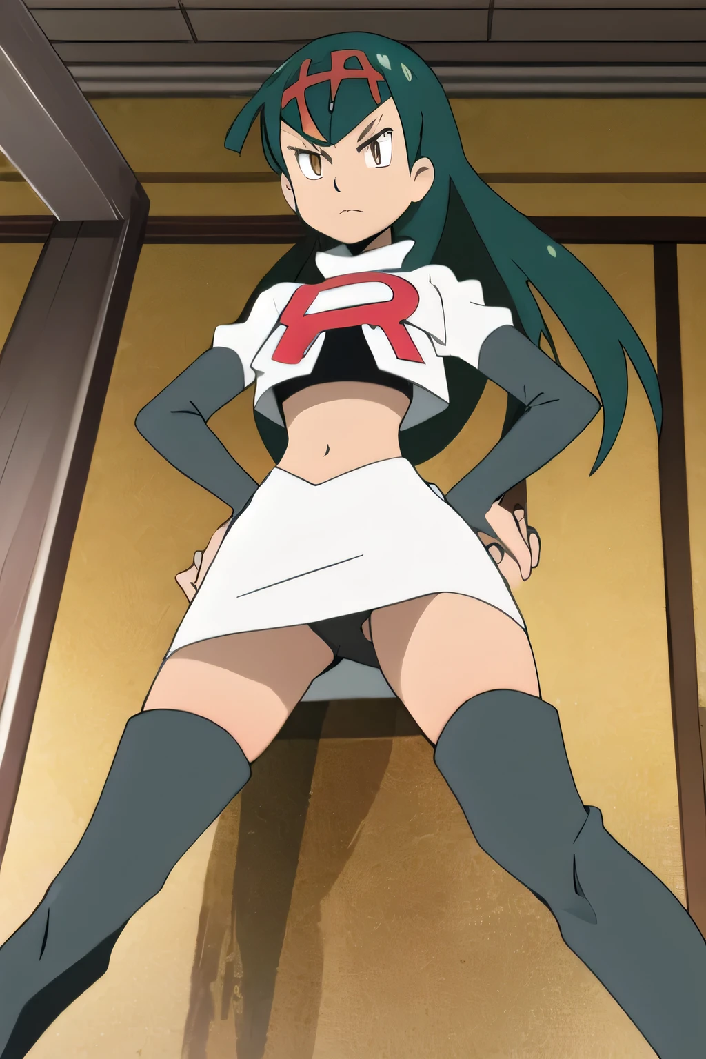 masterpiece,best quality,high res,high quality,8k, masterpiece,highres, team rocket uniform, red letter r, white skirt,white crop top,black thigh-high boots, black elbow gloves, glaring angrily, looking down at viewer, hands on hips, cowboy shot, zettai ryouiki,spread legs,from below, black panties,anime style, vivid colors, sharp focus, intense lighting,Persona4YukikoAmagi,long hair,black hair,brown eyes,headband 