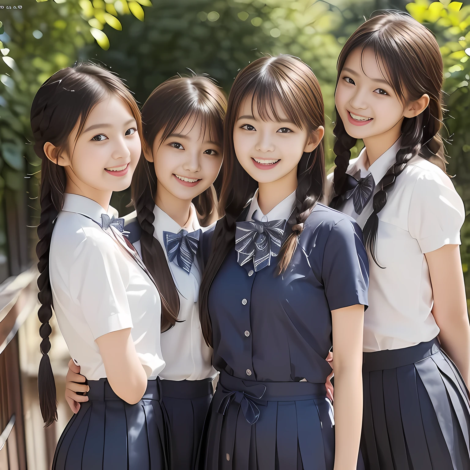 (highest quality、masterpiece:1.2)、highest quality、Realistic、photograph、High resolution、1080p、8K、Fair skin, especially face, Physical Rendering、((Height: 160cm)), some Japanese girls、((((((Three 16 year old Japanese magazine high school student fashion models looking at the viewer)))))), school summer uniform, (((big very detailed beautiful dark brown eyes))), ((((impressive plain navy large school ribbon bow tie in plain)))), ((((black very beautiful and very very long braids)))), ((((A light gray box-pleated box-pleated skirt)))), ((A yellow ivory colored blouse with puffed short sleeves and frills)), (((((((laughing and looking at me!))))))), detailed fingers, ((curled bangs)), ((Very large and cute eyes, carefully drawn with great attention to detail)), double eyelids, (((long eyelashes))), ((cute lovely lovely laughing laughing cheeks)), ((Pure white light hits her face from above and in the front, making her skin and eyes shine beautifully.)), ((Strong light hits the nose and cheeks、It brings out the richness of the expression.)), ((The skirt is very cute)), (((((Her facial features are very expressive lovely smile, very very pure, very very intelligent.))))), (((Shooting from the side))), ((Luxury palace staircase))