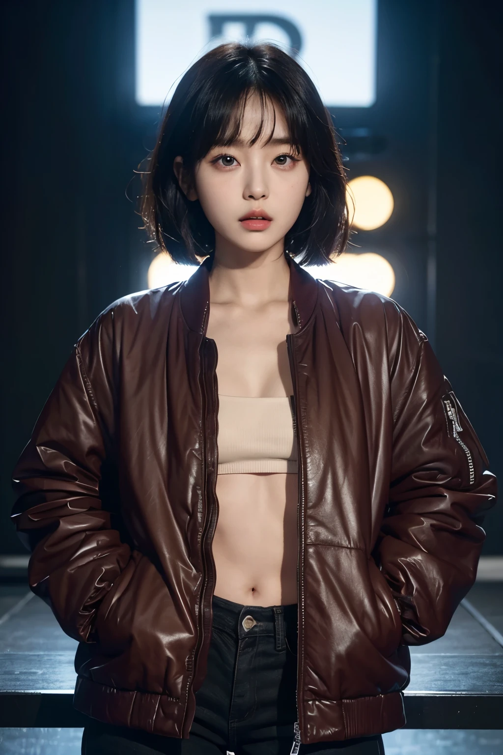 Realistic Skin,Realistic texture,８k,whole body,17 years old,Korean women,Her dark hair, medium bob cut,ruins,Red iris,Expressionless,(((He is wearing a big black down jacket. ))),Glaring,Perfect Face,(((Big eyes))),She is wearing wide black hip-hop style pants.,Mouth closed,Watching the audience,夜のruinsの前に女性が立っています, Roseanne Park from Blackpink, Trending on cgstation, Trending on cgstation, Black Pink&#39;s Joshi,  portrait of aespaのウィンター, 