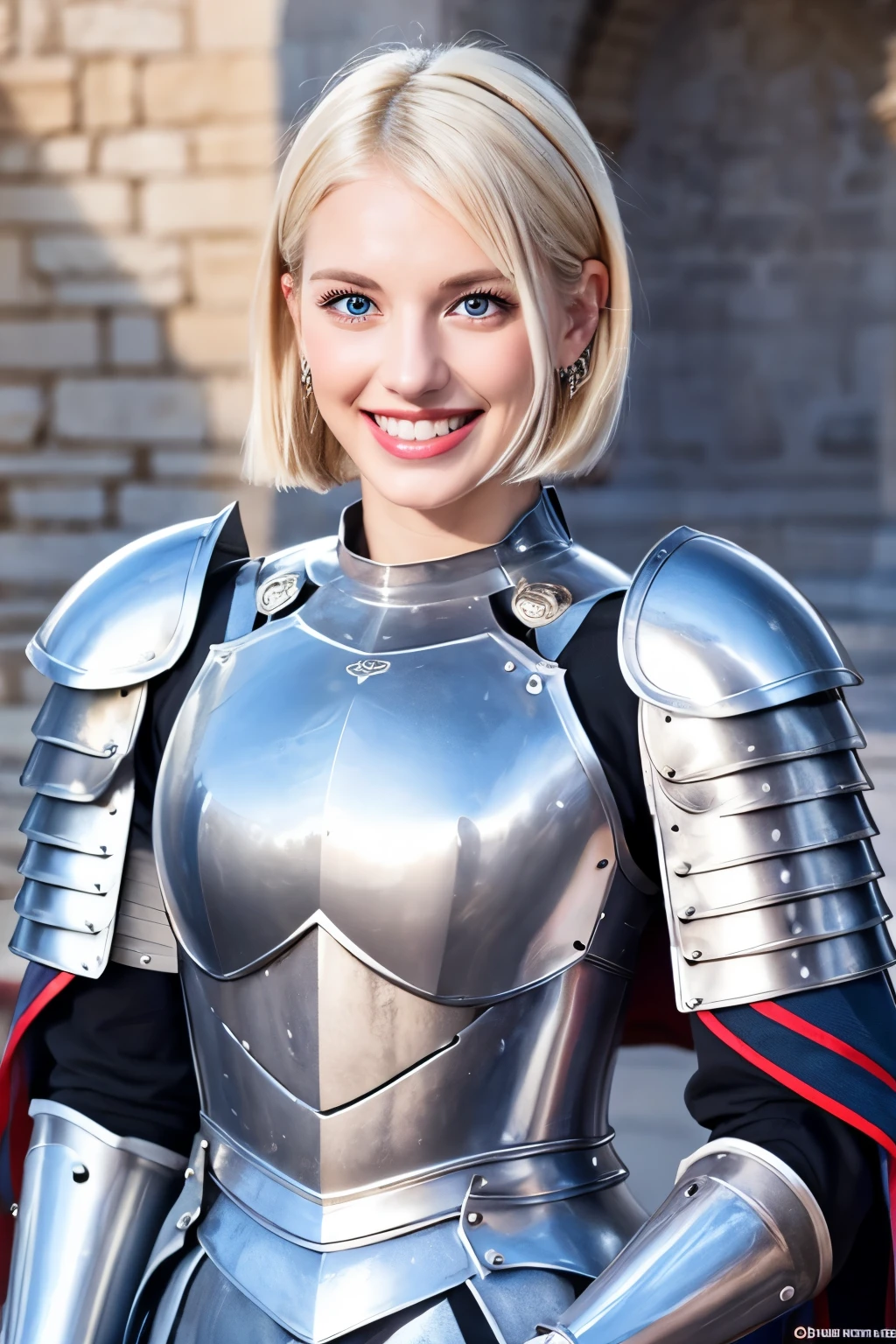 8K、highest quality、female knight、Luxurious Silver Armor、、hairstyle short cut、smile、Beautiful Teeth、Full body photo、ear piercing、blonde、White woman、blue eyes、Heavy makeup、The background is inside the castle