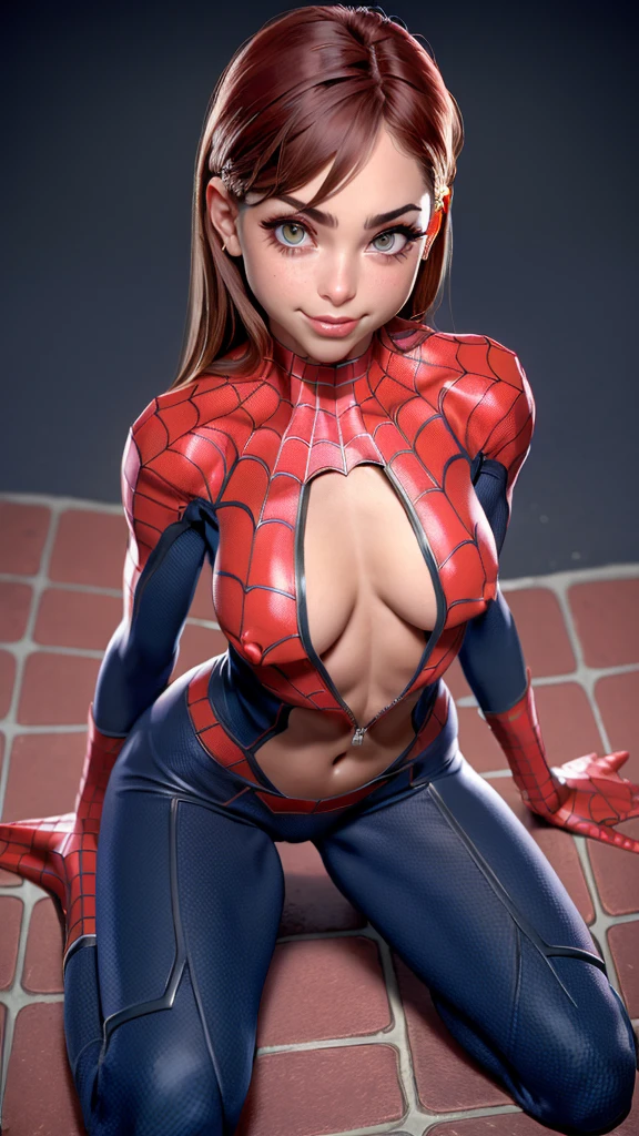 ((View from above)), ((Action is kneeling)), ((Riley Reid )), (((exposed breasts, show nipples))), unzipped:1.2, bright eyes, ((costume is unzipped from her chest to her bellybutton)), smile, Beautiful woman detailed defined body, ((spider man cosplay)), small breasts, ((breasts popping out)), thigh gap, (freckles) unzipped, red hair, narrow waist, wide hips ((bare chest)), (show nipples) (((location is detailed city street))), time of day is night, the costume is unzipped, ((her bare breasts are exposed)), visible nipples, (freckles across her nose)