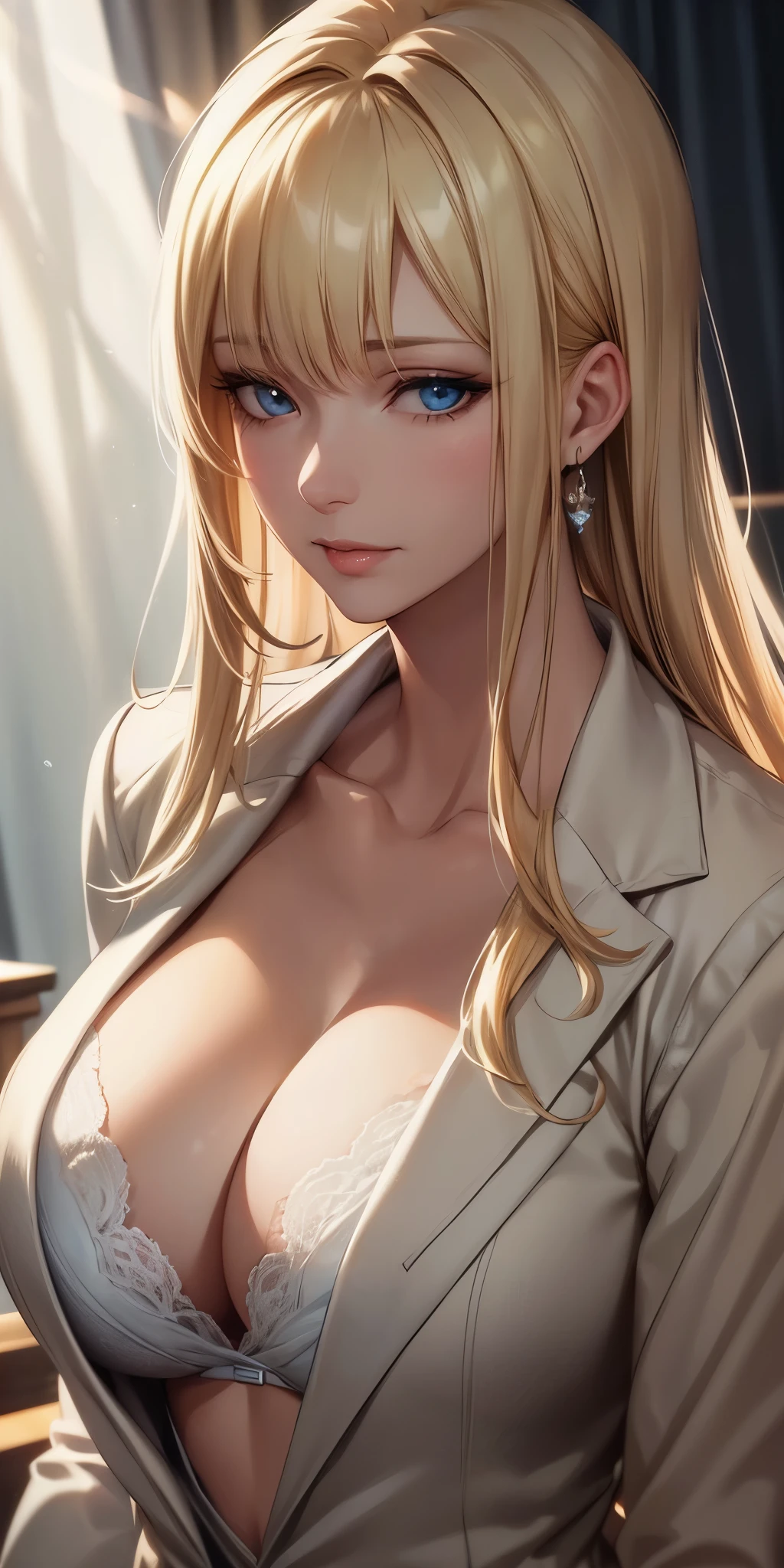 portrait, realistic, elegant mature woman, blue eyes, blonde hair, 4k resolution cg, beautiful cg, soft light