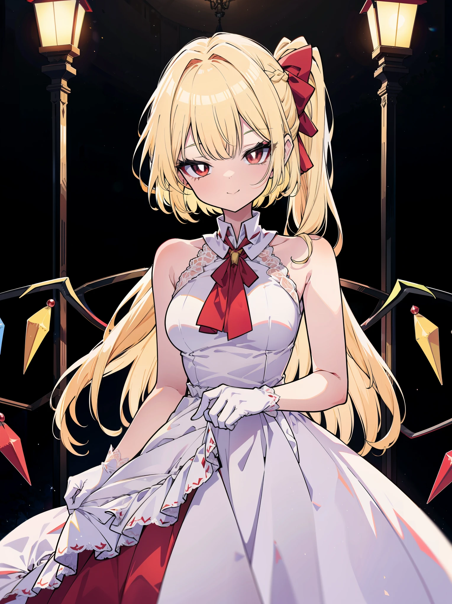 (cowboy shot), (colorful:1.1), vibrant color, (ultra-high resolution, depth of field:1.2), (Flandre scarlet:1.1), (1woman), (adult), in her 20s, Touhou project, (medium breasts), (red eyes), white pupils, glowing eyes, blonde hair, wavy hair, (long hair:1.1), (french braid), red ribbon, long ponytail, (white gala dress:1.1), (wearing a white gala dress:1.2), frills, (long white lace gloves), (elegant ballroom scenery:1.2), seductive smile