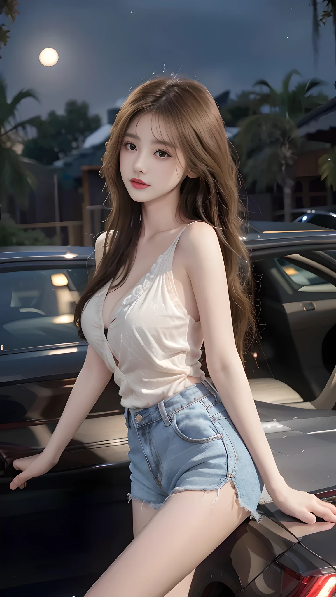 full hd 8k, Girl standing in front of a dark night scene, full moonlight reflecting on her beautiful face. Her long, silky hair was gently blown by the night wind, creating a gentle and romantic feeling. Next to her is a luxury car, showing her success and class. She looked up at the starry sky, as if searching for something, her eyes showed contemplation and loneliness. The full moon shines in the night sky creating a beautiful scene. The girl has long, silky hair, creating a luxurious and noble beauty. The moonlight shines on the girl's delicate face, highlighting her large, round light brown eyes, creating a natural, gentle beauty. She wore a shirt and short jeans, short jeans, showing off her seductive and luxurious beauty. Her plumble breasts were exposed, revealing her plumble and extremely sexy breasts. These images capture detailed panoramic portraits and views of the sky and cars. All create a beautiful, wonderful picture that makes people unable to take their eyes off the scene. All these details are described clearly and sharply, sexyly poses