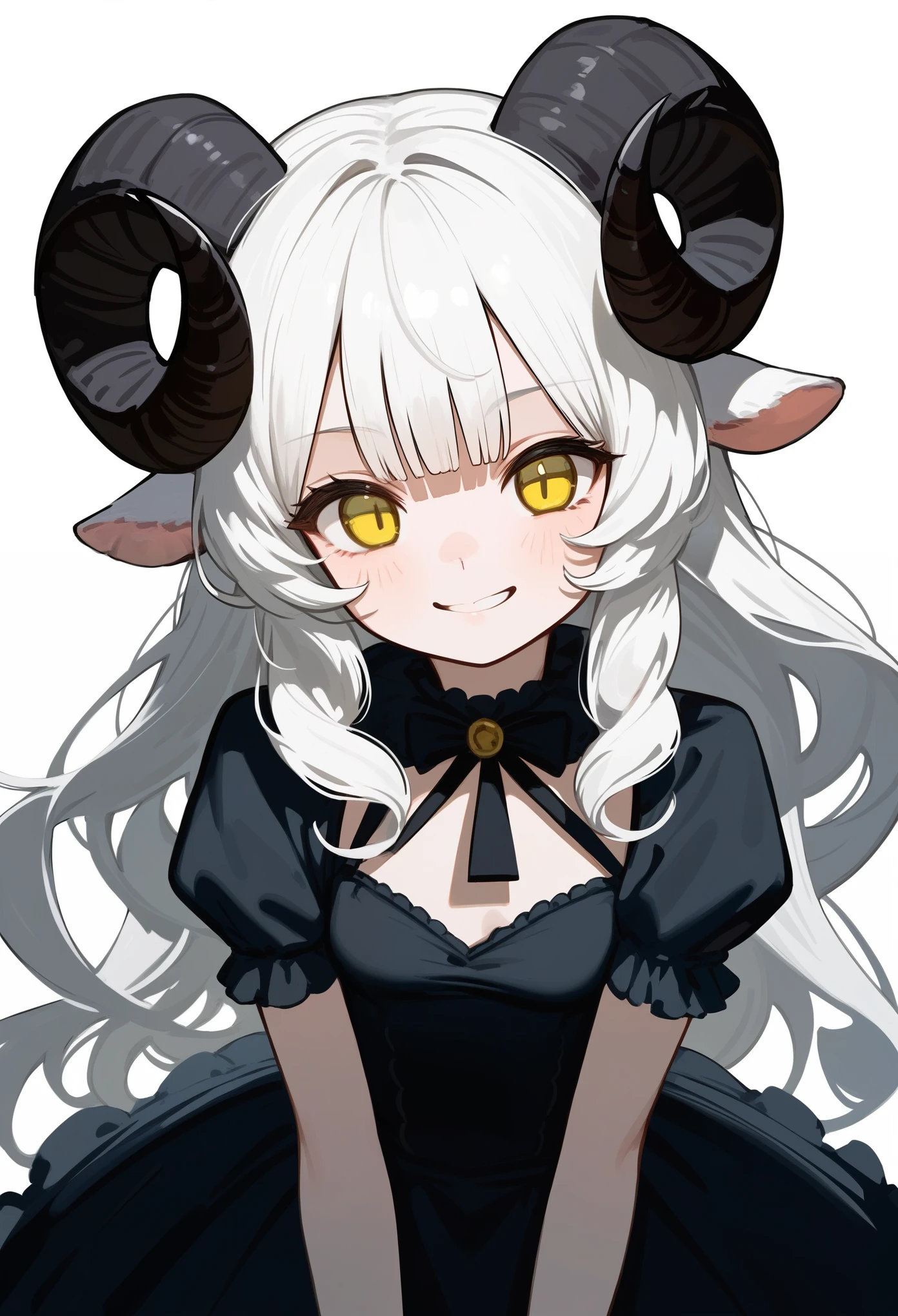 (score_9, score_8_up, score_7_up), 1girl, solo, (sheep horns, curled horns, black horns:1.2), (black sheep ears), white hair, long hair, hime cut, long bangs, pale skin, yellow eyes, evil smile, smug, small breasts, standing, ta fashion, (black dress, old fashioned), (white background, simple background), upper body, masterpiece, best quality