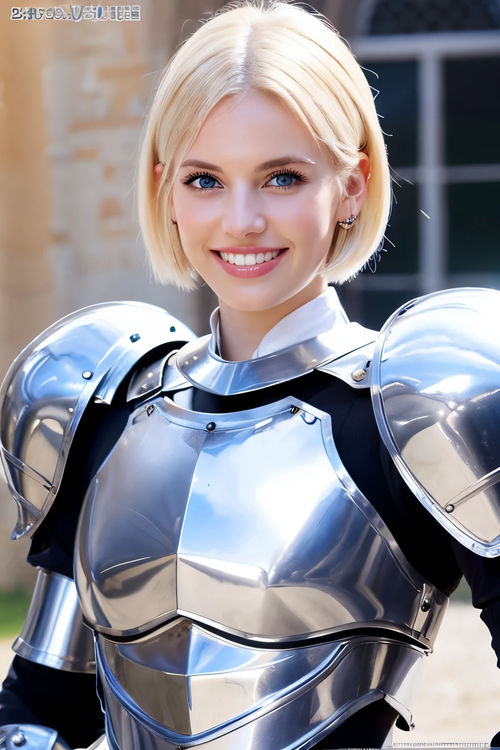 8K、highest quality、female knight、Luxurious Silver Armor、、hairstyle short cut、smile、Beautiful Teeth、Full body photo、ear piercing、blonde、White woman、blue eyes、Heavy makeup、The background is inside the castle. Eyepatch on one eye.