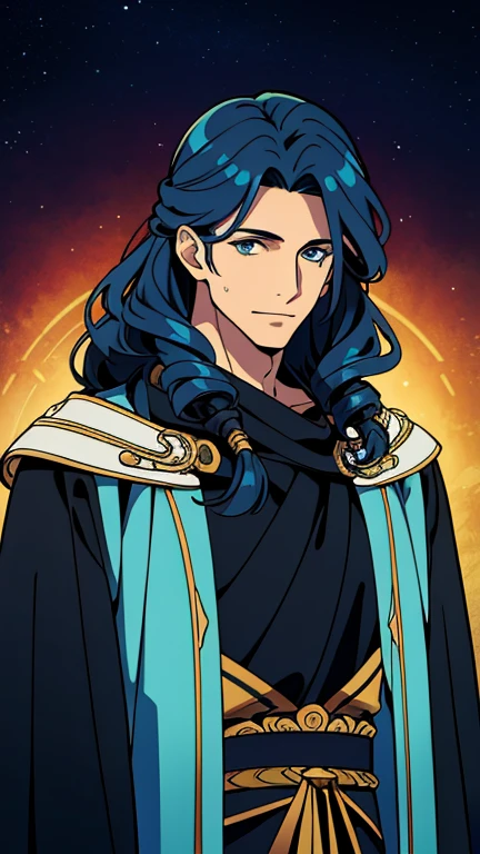 (high-quality, breathtaking),(expressive eyes, perfect face) 1male, male, solo, adult, medium length hair, black and blue streaked hair, multicolored hair, blue hair streaks, glowing hair, light blue strands in hair, unkept hair, black blue eyes, positive expression, soft smile, cloak, shirt, fantasy mage clothing, adventurers attire, Pluto, Roman God of Underworld, space background, portrait, upper body, magic, elegant, stylized hairstyle, gorgeous flowy curly hair, father vibe, age 50's, Greek Clothing, Nyx