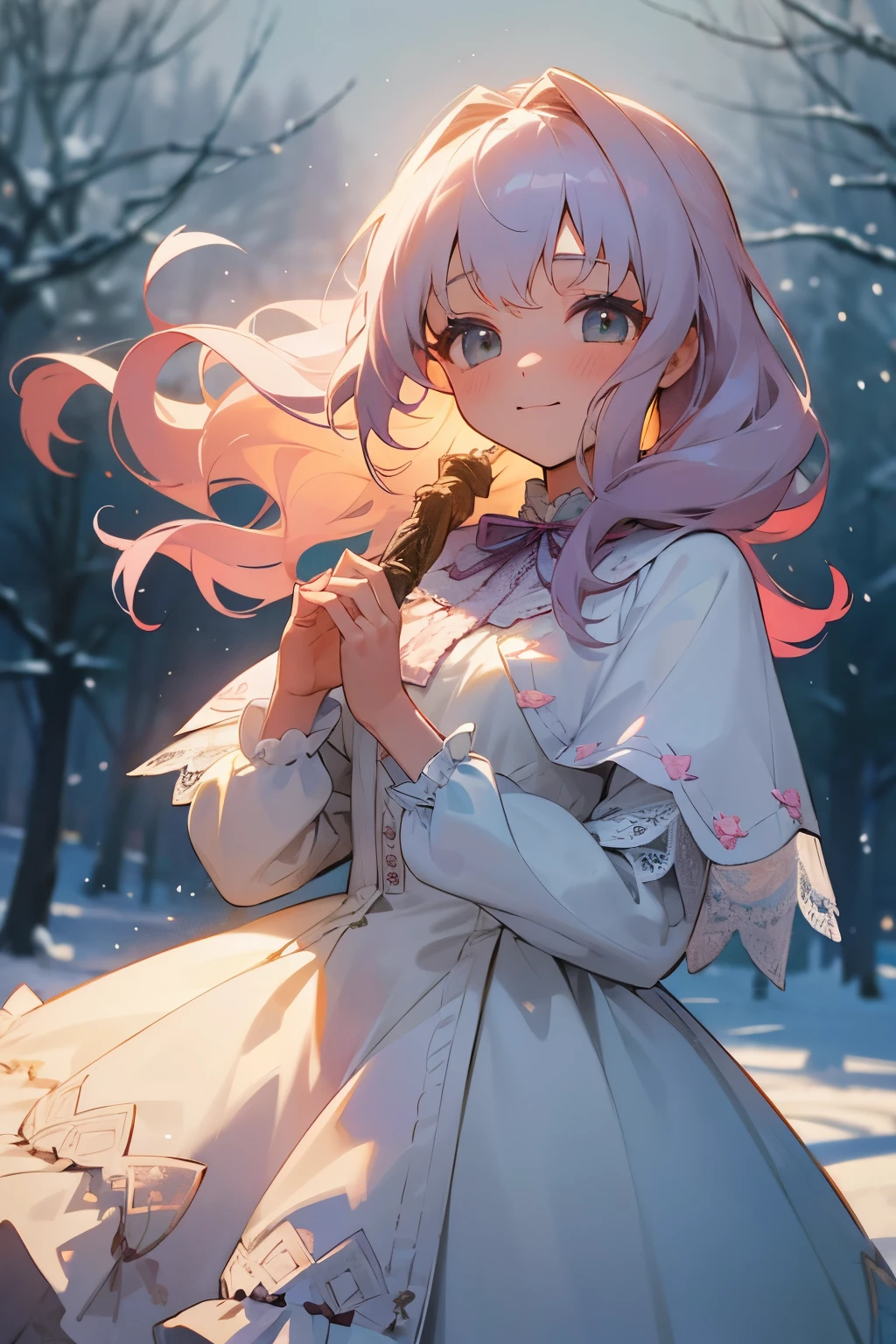 (1girl:1.2), slight blush, wavy hair, fluffy hair, pastel hair, capelet, lace trim, lace, frills, lolita, elegant, bodice,  light smile, peaceful, colorful, (winter:1.1), snow, nature, princess, royal, extremely detailed, detailed background, beautiful  background, depth of field, cinematic lighting, Ghibli-like colours, high detail, scenery, horizon, wind, wind blow, looking at viewer, lolita clothes, 8k, bokeh, award winning, (masterpiece:1.2), best quality, anatomically correct, perfect hands