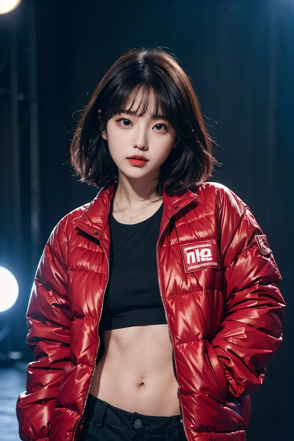 Realistic Skin,Realistic texture,８k,whole body,17 years old,Korean women,Her dark hair, medium bob cut,ruins,Red iris,Expressionless,(((He is wearing a big black down jacket. ))),Glaring,Perfect Face,(((Big eyes))),She is wearing wide black hip-hop style pants.,Mouth closed,Watching the audience,aespa winter,ruinsの前に女性が立っています, Roseanne Park from Blackpink, Trending on cgstation, Trending on cgstation, Black Pink&#39;s Joshi, Damn, portrait of Black Pink&#39;s Joshi, Nam Jae-young, Shision Wu, sun yunjoo, Shot with Canon EOS R 6, Cai Xukun, Gemma Chen, Bae Suzy