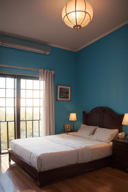 Ultra-Real 8K, Super detailed, ((no man)), (Hyper Detail, Dynamic Camera), (Wide-angle), (Vivid colors and saturation), (Trending on ArtStation),anime style, Western style, Mansion, Bedroom,bed, Background only, No people