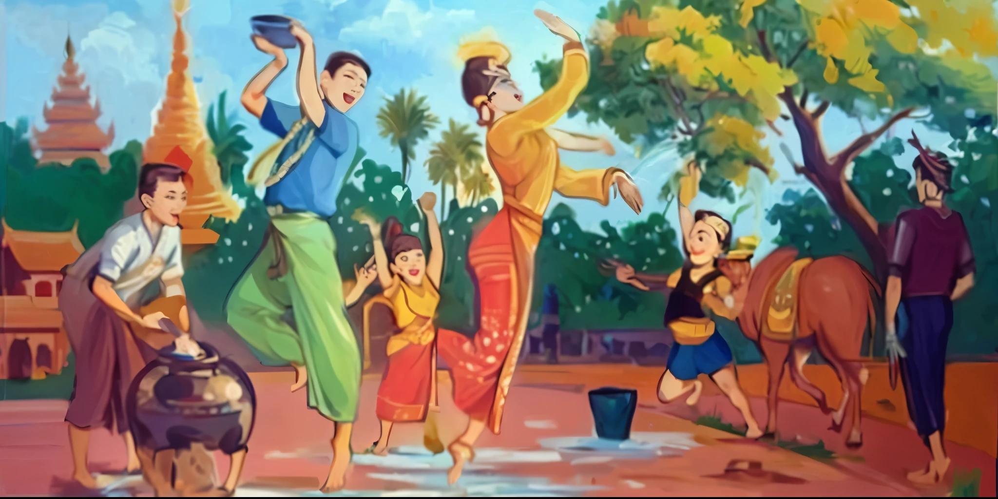 painting of a group of people dancing in a park with a horse, traditional painting, thailand art, traditional art, by Odhise Paskali, nuttavut baiphowongse, dancers, tribal dance, dital painting, artistic depiction, submerged temple dance scene, dance scene, by Yosa Buson, in style of thawan duchanee