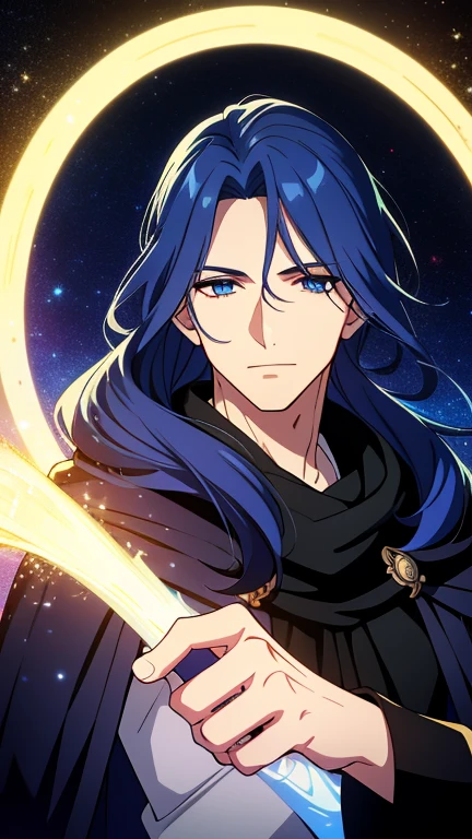 (high-quality, breathtaking),(expressive eyes, perfect face) 1male, male, solo, adult, medium length hair, black and blue streaked hair, multicolored hair, blue hair streaks, glowing hair, light blue strands in hair, unkept hair, black blue eyes, positive expression, soft smile, cloak, shirt, fantasy mage clothing, adventurers attire, Pluto, Roman God of Underworld, space background, portrait, upper body, magic, elegant, stylized hairstyle, gorgeous flowy curly hair, father vibe, age 50's, Greek Clothing, Nyx