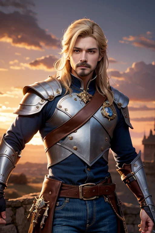 An 8k masterpiece, highest resolution, every detail, meticulous detail, depth of field, bright colors, beautiful composition: fantasy character Prince impresses with his blonde hair and glowing,with mustache, eyes Beautifully detailed, a fantasy castle background. This handsome prince with mustache is the epitome of good guys in the fantasy art world. wear armor and jeans.