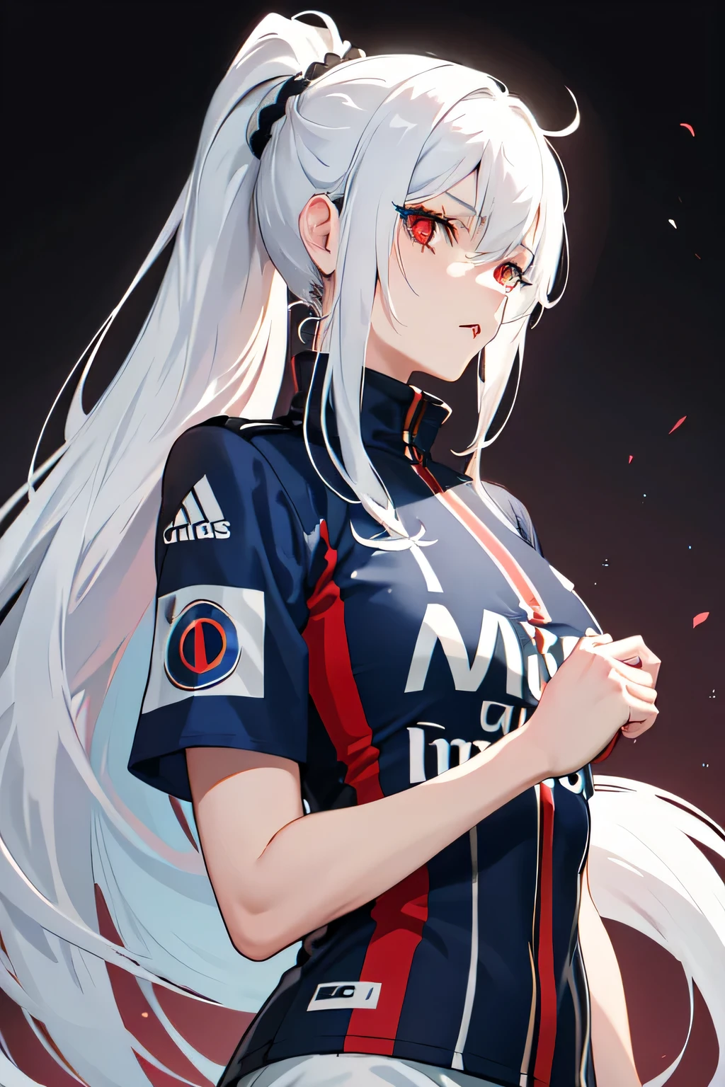 1girl,20y.o,PSG Football Jersey,white hair,long hair,ponytail hairstyle,red eyes,medium tits size