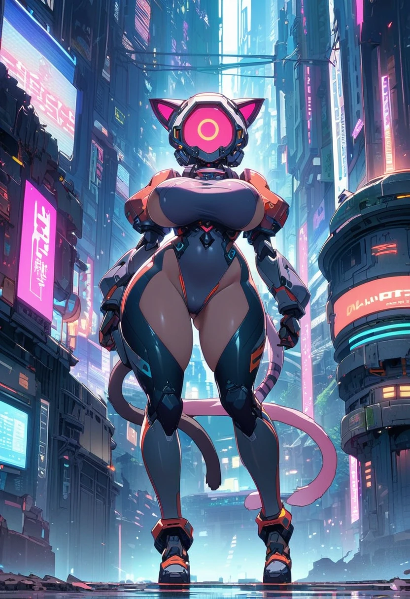 cat round screen head robot girl big breast cat ears cat tail sci-fi city full-body shot