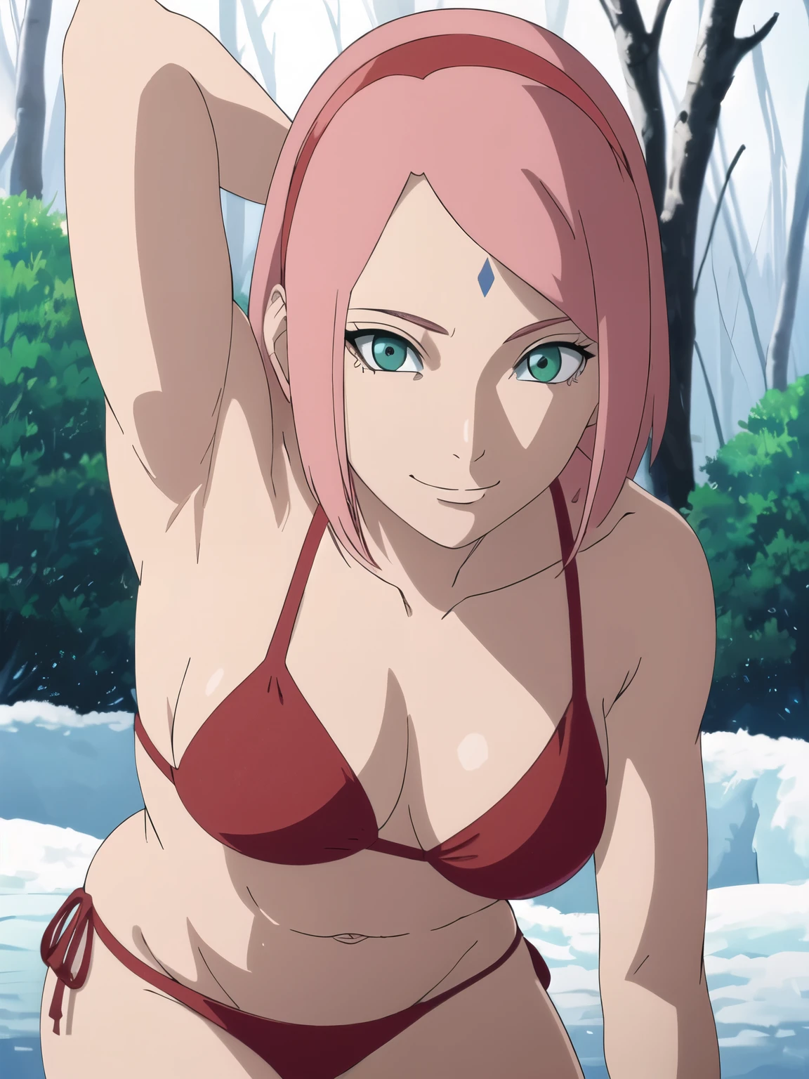 anime style, solo, 1 woman, warm, from right, close view, (gorgeous armpit , laying on tree), super ultra details, bold drawing lines, very high resolution, perfect anatomy, ultra detailed face, high vibrance, (blue light), ((cold colors)), 1girl, haruno sakura, (slim body, warm skin, thin belly , off-shoulders, biceps, slim arms, leaning forward, forehead mark, smile, hand leaning), ((red string bikini, red hair band)), looking at viewer, (forest), floating hair, big smile, cowboy shot, (reddish hair, detailed hair, missy hair, short hair), spring time, attractive colors
