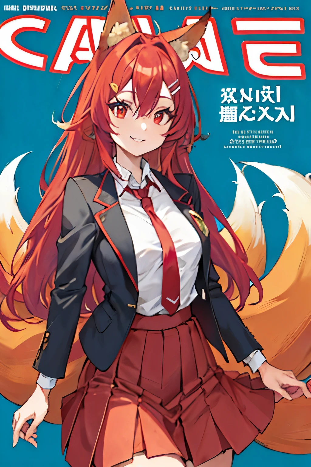Firefox-Skollie, red eyes, fox girl, multiple tails, multicolored hair, 1girl, hairclip, solo, light smile, small breasts, looking at viewer, 
, pleated skirt, necktie, open jacket, magazine cover, simple background, 
(masterpiece:1.1), (best quality:1.1), (ultra-detailed:1.1), (illustration:1.1),