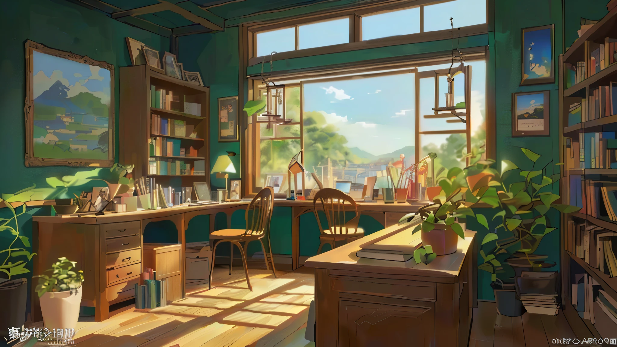 There is a room with a desk, Bookshelf, Also equipped with a laptop, anime Background Art, Anime Background, room full of plants, Relaxing concept art, interior Background Art, Office Background, Personal room background, Background Art, Anime scenery concept art, Cozy home background, Library Background, Studio Ghibli's Nikko, Ghibli Studio Style, Studio Ghibli aesthetics