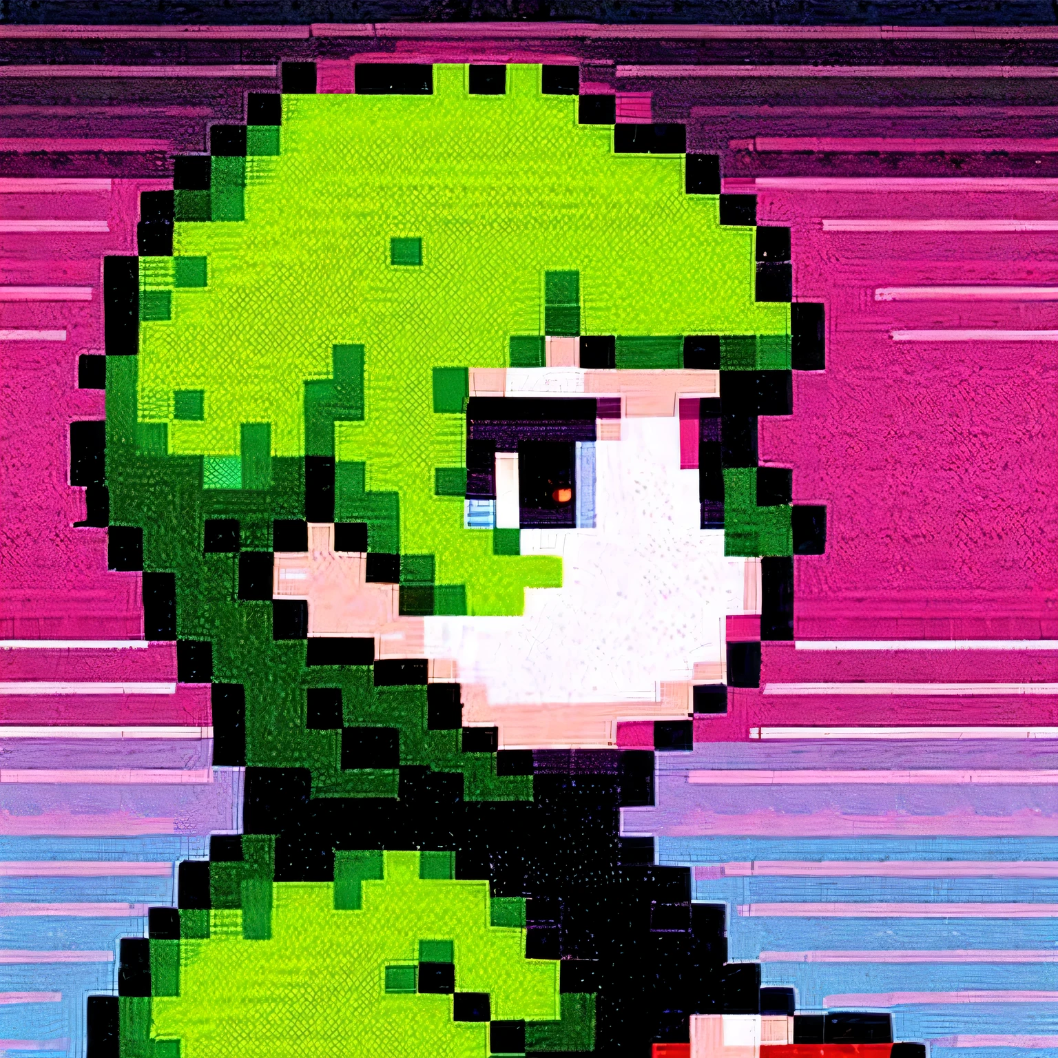 A highly pixelated and low-resolution creature, 8-bit pixel art style, big pink head with white eyes and mouth, greenish-brown body with spikes or scales, black outline, retro video game graphics, nostalgic old computer game aesthetics, bright green background