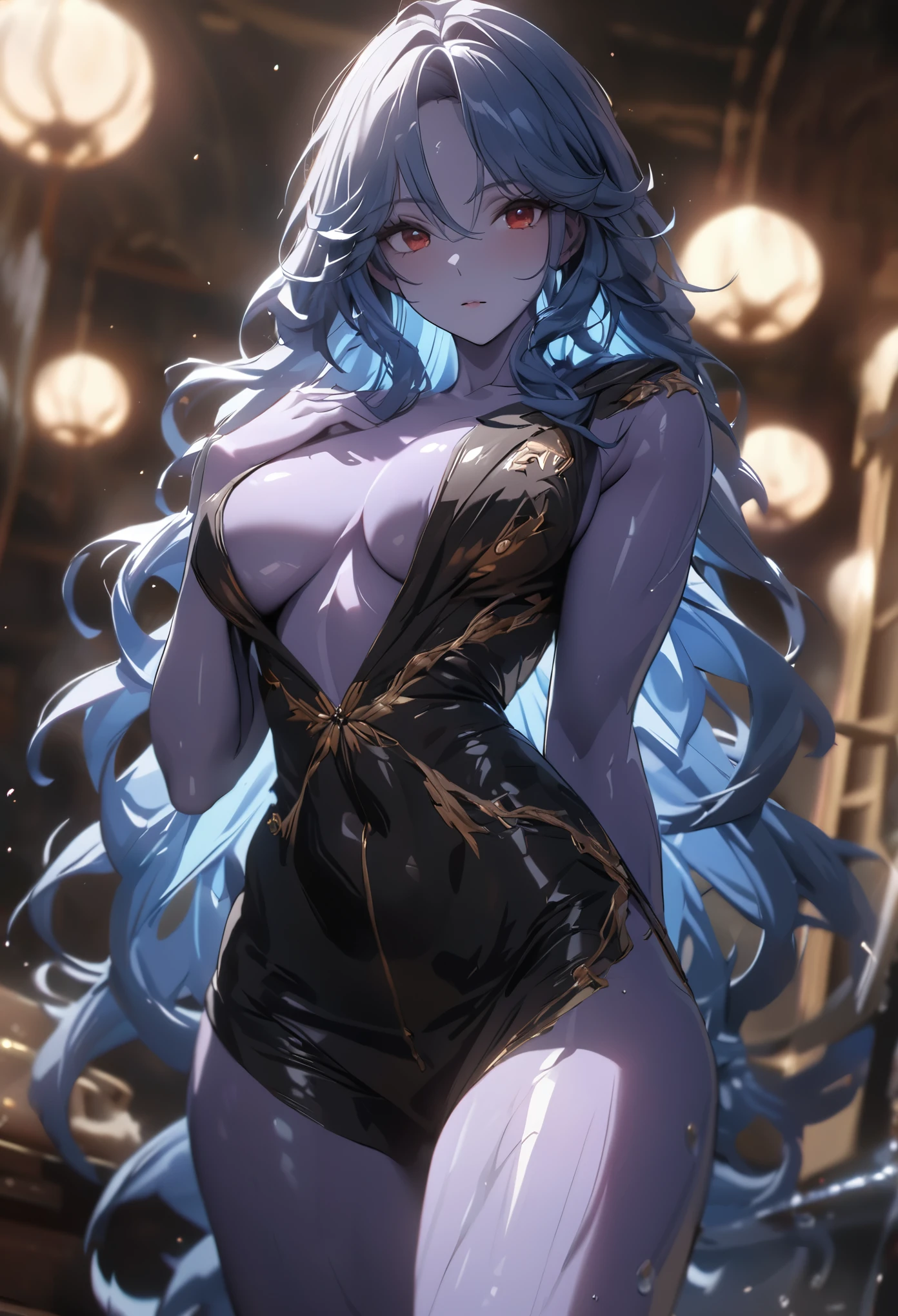 (solo), blue hair, messy hair, mane hair, extra long hair, dense hair, wild hair, expressive hair, mature, woman, (30 year old), fish-woman, gills, ((purple skin)), red eyes, wearing a blue and black suit, beautiful, attractive, eye reflection, depth of field, water powers, golden aura,cinematic lighting, ray tracing, depth of field, cinematic lighting, ray tracing, UHD, high details, best quality, highres, high quality, award winning, super detail, masterpiece, 8k, UHD, high details, best quality, highres, high quality, award winning, super detail, masterpiece, 8k, digital art, anime coloring, body shot, perfect hands, nice hands
