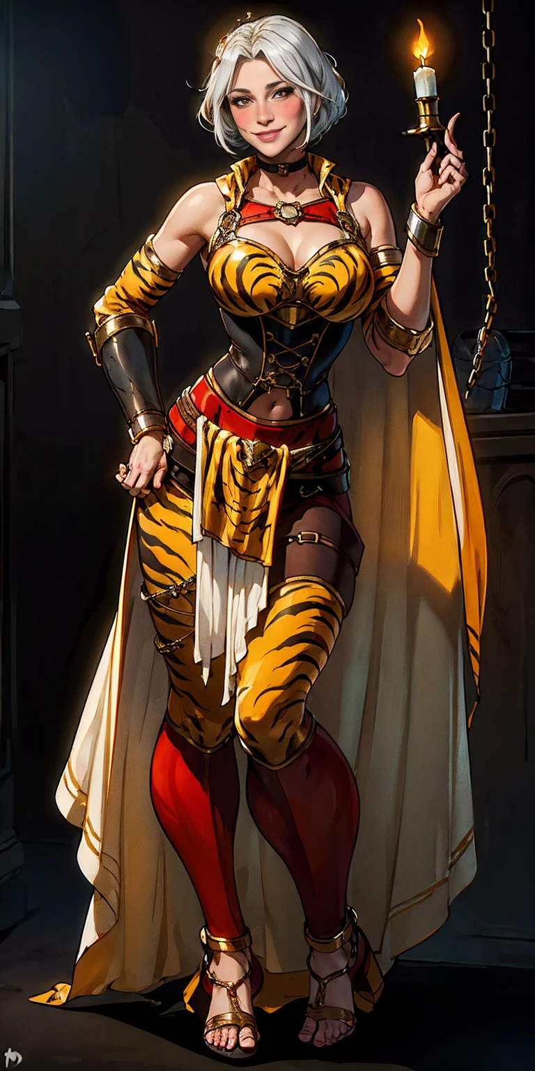 ((BLACK BACKGROUND 1:2, masterpiece)) 1solo female full body standing straight symmetrical with two long thighs and two metal sandals, red eyes like rubies, looking to the viewer, silver white hair, short bob style hair, big knockers breastplate, breastplate, cleavage, tiara royal, long cape up to two feet, yellow bikini (yellow tiger stripes), lustful smirking smiling, smile face (red blushed, red cheeks), pauldrons metal shoulders, gold sleeveless bracelets, separate sleeves, hands on waist hands OR hips, golden bracers, metal handcuffs, leather corset, red loincloth, black leather choker slave collar, shackles bracelets, slave red crest under navel, navel, big belt around waist OR hips, feet together, metal ankles