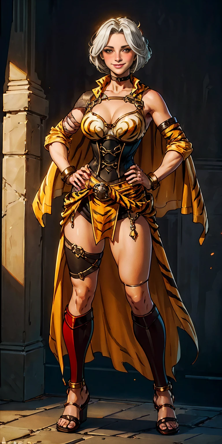 ((BLACK BACKGROUND 1:2, masterpiece)) 1solo female full body standing straight symmetrical with two long thighs and two metal sandals, red eyes like rubies, looking to the viewer, silver white hair, short bob style hair, big knockers breastplate, breastplate, cleavage, tiara royal, long cape up to two feet, yellow bikini (yellow tiger stripes), lustful smirking smiling, smile face (red blushed, red cheeks), pauldrons metal shoulders, gold sleeveless bracelets, separate sleeves, hands on waist hands OR hips, golden bracers, metal handcuffs, leather corset, red loincloth, black leather choker slave collar, shackles bracelets, slave red crest under navel, navel, big belt around waist OR hips, feet together, metal ankles