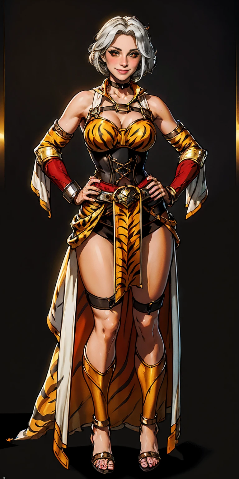 ((BLACK BACKGROUND 1:2, masterpiece)) 1solo female full body standing straight symmetrical with two long thighs and two metal sandals, red eyes like rubies, looking to the viewer, silver white hair, short bob style hair, big knockers breastplate, breastplate, cleavage, tiara royal, long cape up to two feet, yellow bikini (yellow tiger stripes), lustful smirking smiling, smile face (red blushed, red cheeks), pauldrons metal shoulders, gold sleeveless bracelets, separate sleeves, hands on waist hands OR hips, golden bracers, metal handcuffs, leather corset, red loincloth, black leather choker slave collar, shackles bracelets, slave red crest under navel, navel, big belt around waist OR hips, feet together, metal ankles