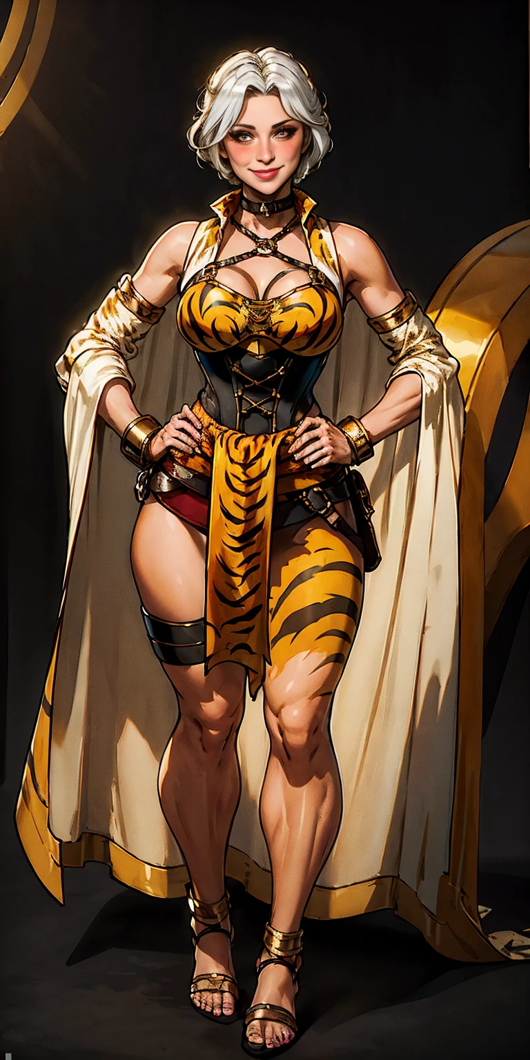 ((BLACK BACKGROUND 1:2, masterpiece)) 1solo female full body standing straight symmetrical with two long thighs and two metal sandals, red eyes like rubies, looking to the viewer, silver white hair, short bob style hair, big knockers breastplate, breastplate, cleavage, tiara royal, long cape up to two feet, yellow bikini (yellow tiger stripes), lustful smirking smiling, smile face (red blushed, red cheeks), pauldrons metal shoulders, gold sleeveless bracelets, separate sleeves, hands on waist hands OR hips, golden bracers, metal handcuffs, leather corset, red loincloth, black leather choker slave collar, shackles bracelets, slave red crest under navel, navel, big belt around waist OR hips, feet together, metal ankles